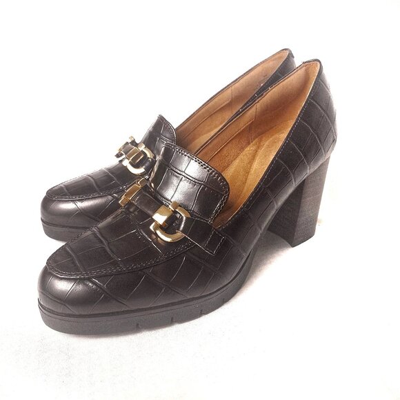 Easy Spirit Mirror Lug Sole Dress Pumps Brown Croco Leather, Chunky NWOB Sz 9M - Picture 1 of 7